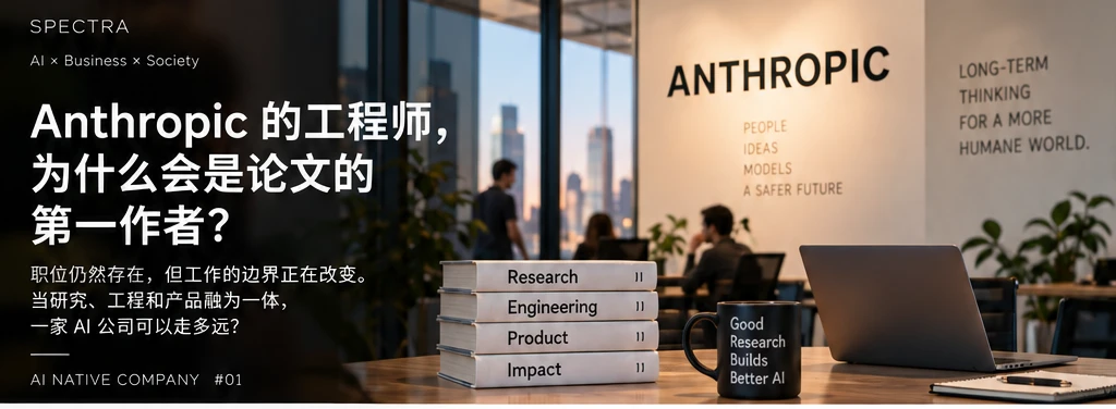 办公室场景，前景摞着写有 Research、Engineering、Product、Impact 的四本书和一只印着 Good Research Builds Better AI 的马克杯，墙上是 ANTHROPIC 字样