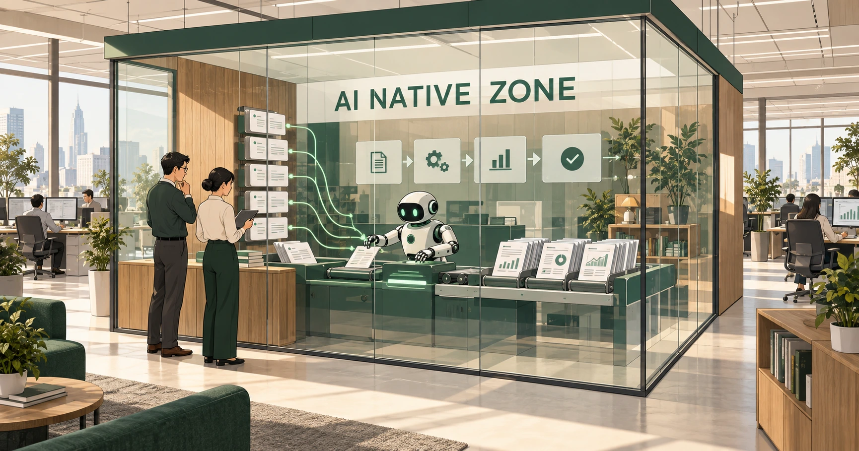 传统办公室中的玻璃工作区域标有 AI NATIVE ZONE，机器人处理资料，两名人员在旁查看；AI 生成的场景插图