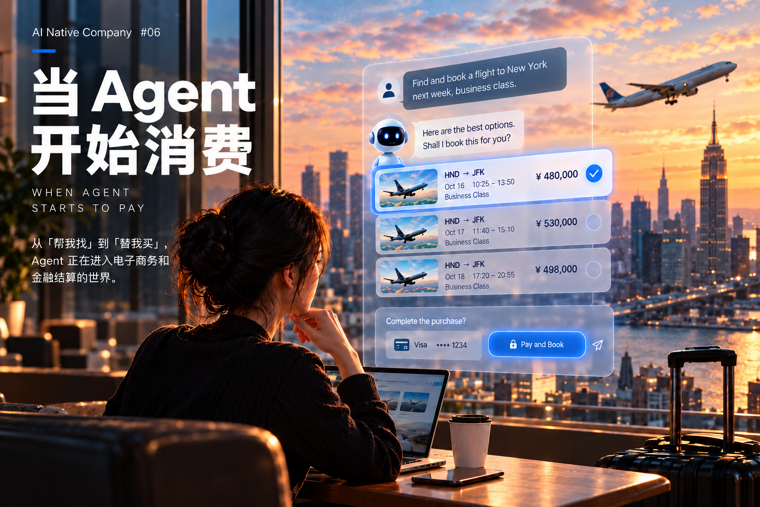 当 Agent 开始消费；Agent 在对话中为用户比较三班东京飞纽约的商务舱航班，并给出 Pay and Book 按钮