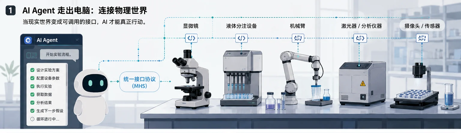 AI Agent 通过 MHS 连接显微镜、液体分注设备、机械臂和其他物理设备